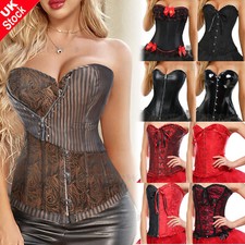 Women's Gothic Lace up Boned Overbust Bustier Brocade Basque Corset Lingerie UK