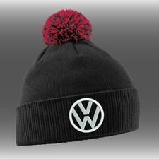 Pom Pom Beanie - Black/Red - with Embroidered VW Logo - Car, Van, Campervan