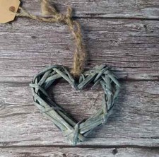 Grey Rattan  Wicker Heart -hanging on jute string 10cms- Valentines- home decor