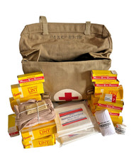 WW2 BRITISH ARMY SHELL DRESSING MEDICS RED CROSS BAG PLUS CONTENTS, DATED 1942