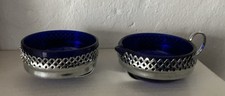 Vintage Chrome Plate Milk Jug Sugar Bowl with Cobalt Blue Glass Liner