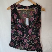 Gharani Strok Top Blouse 100 % Silk UK 16 Black Floral Summer Holiday Designer