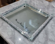 XL Silver Glass Serving Tray 35cm X 35cm Mirrored Diamante Crystal Display Tray