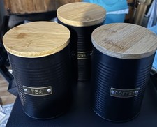 Typhoon Living Black Tea Coffee and Sugar Canisters with Wooden Lids Set of 3