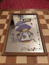 Vintage Framed Picture Mirror of Cute Blonde Pigtail Girl Lilac Bonnet & Parasol