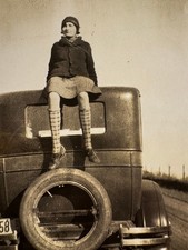 KNEE HIGH LONG STOCKING FLAPPER GIRL Woman atop OLD MODEL T CAR vtg 1920's photo