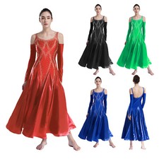Womens Dress Ballroom Costume Long Sleeve Gown Glittery Dresses Flared Robe