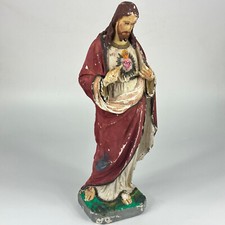 Antique French Large Chalkware Jesus Figure With Religious Medal In The Base