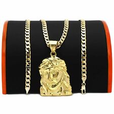 Mens 18k Gold Plated  Big Jesus face Brass  Pendant 6mm 24" Cuban  Chain
