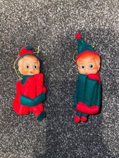 Lot of 2 Vintage Christmas Knee Hugger Elf Elves Decorations Red & Green
