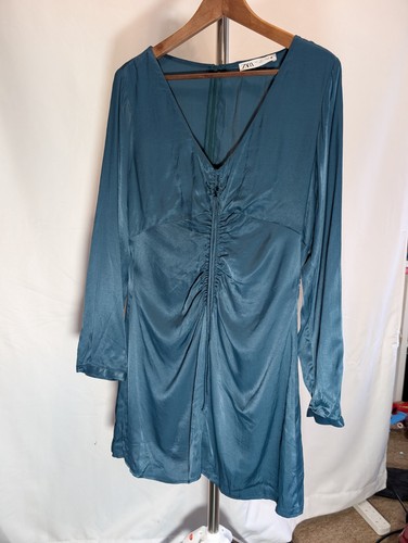 Zara teal satin finish ruched - zara, satin-finish