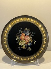 Vintage French Large Round Metal Tray With Still Life Design