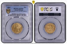 FINEST EXTREMELY RARE R3 1861 T Over V AU53 Victoria Shield Back Gold Sovereign