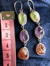 Rough cut peridot, amethyst and garnet earrings in silver 925