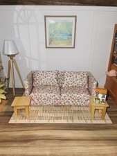 Dolls House 2 Seater Sofa In Cream & Pink Floral Print Fabric | 1:12th Scale
