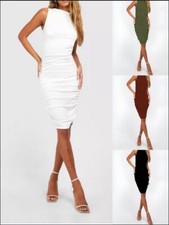 WOMENS SLEEVELESS RUCHED GATHERED BODYCON STRETCH RIBBED MINI PARTY DRESS