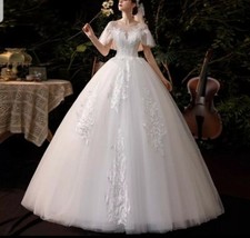 UK White/Ivory Floor Length Short Sleeve Modest Lace Wedding Dresses Size 6-20