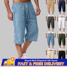 Mens Cotton Linen 3/4 Length Shorts Elasticated Waist Cargo Capri Cropped Pants