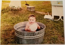 Vintage Found Photo 1981 Baby in Tub on Grass Lawn Chair Bowl Cinder Block Brick