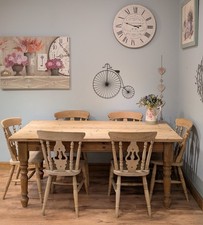 Solid Pine Farmhouse Dining Table and 6 Chairs Carvers Scrub Top Look