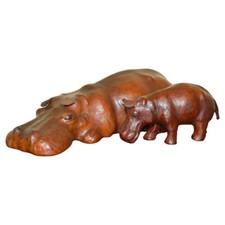 PAIR OF COLLECTABLE LIBERTY'S OMERSA BROWN LEATHER HIPPOPOTAMUS FOOTSTOOL HIPPO