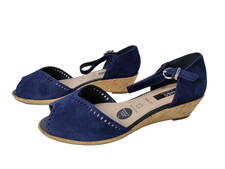 NEW WOMENS M&S UK 6.5 WIDE FIT NAVY SUEDE LEATHER WEDGE HEEL SANDALS RRP £45