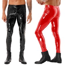 Mens Wet Look PVC Leather Motorcycle Pants Party Slim Fit Zipper Tights Trousers