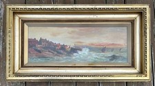 J Bell 1908 Antique Signed Original Oil Painting Coastal Harbour & Fishing Boats