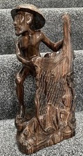 Indonesian Bali Wood Carving Statue of Fishing Man with Net. 30cm high.