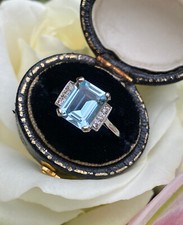 Art Deco Aquamarine and Diamond Platinum Ring 0.12ct + 2.10ct