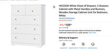 HOCSOK White Chest of Drawers, 5 Drawers Cabinet with Metal Handles and Runners