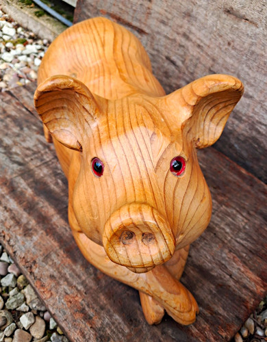 Hand carved wood pig - wood,