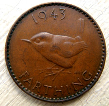 1943 King George VI WREN Farthing coin in Very Fine Grade with die defect error