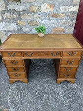 Vintage Tan Leather Top Captains Pedestal Desk 
