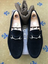 Gucci Loafers Shoes Suede Black Gold Horsebit Buckle Mens UK 10.5 US 11 EU 44.5