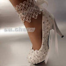 su.cheny Lace white ivory Wedding shoes Bridal flats low high heel pump 5-13