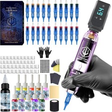 Wireless Rotary Tattoo Machine Kit with 20 Tattoo Cartridge Needles & Ink Set Co