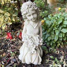 Stone Flower Girl Garden Sculpture Antique Grey Lady Outdoor Lawn Ornament Gift