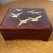 Antique Red Lacquered Wooden Box with Gilt Birds Crane Design Eastern Asia 19th