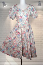 Vintage 1980s Cotton Romantic Rosebuds & Bow Fit and Flare Bridesmaid Dress UK 8