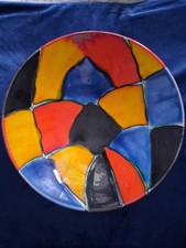 Poole Pottery bowl 10.5 inch across Yellow Red Blue mosaic design black reverse