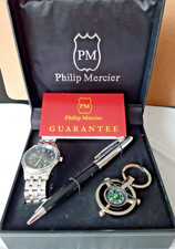 PHILIP MERCIER Men's Stainless Steel Watch, Pen + Compass Keyring Gift Boxed