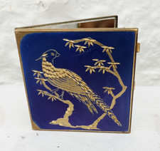 Vintage Stratton Compact Mirror Blue with Goldtone Bird Pheasant in Tree