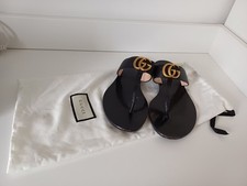 Gucci Marmont Flip Flops Double Gold G Logo T Bar Sliders Black Size 39 / 6