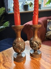 Pair Of African Hand Carved Wooden Candle Stick Holders