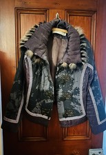 Munthe plus Simonsen Boho Silk Patchwork Jacket Faux Fur Collar Vintage Y2K