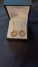  9ct GOLD ,TRI COLOUR ,UNUSUAL, EYE CATCHING , BEAUTIFUL,   LONG DROP. EARRINGS