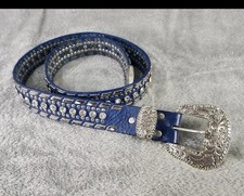 Nocona Womens XL Blue Leather Belt Rhinestone Bead Western Silver Cowgirl Buckle