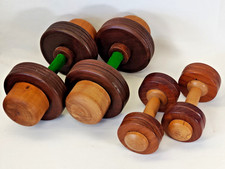 Vintage Wooden Dumbbells Set Green Felt Handle Set of Four 3kg and 830g 0.83kg