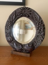 Antique Arts & Crafts Small Oval Mirror Treen Hand Carved Gothic Bevelled 
